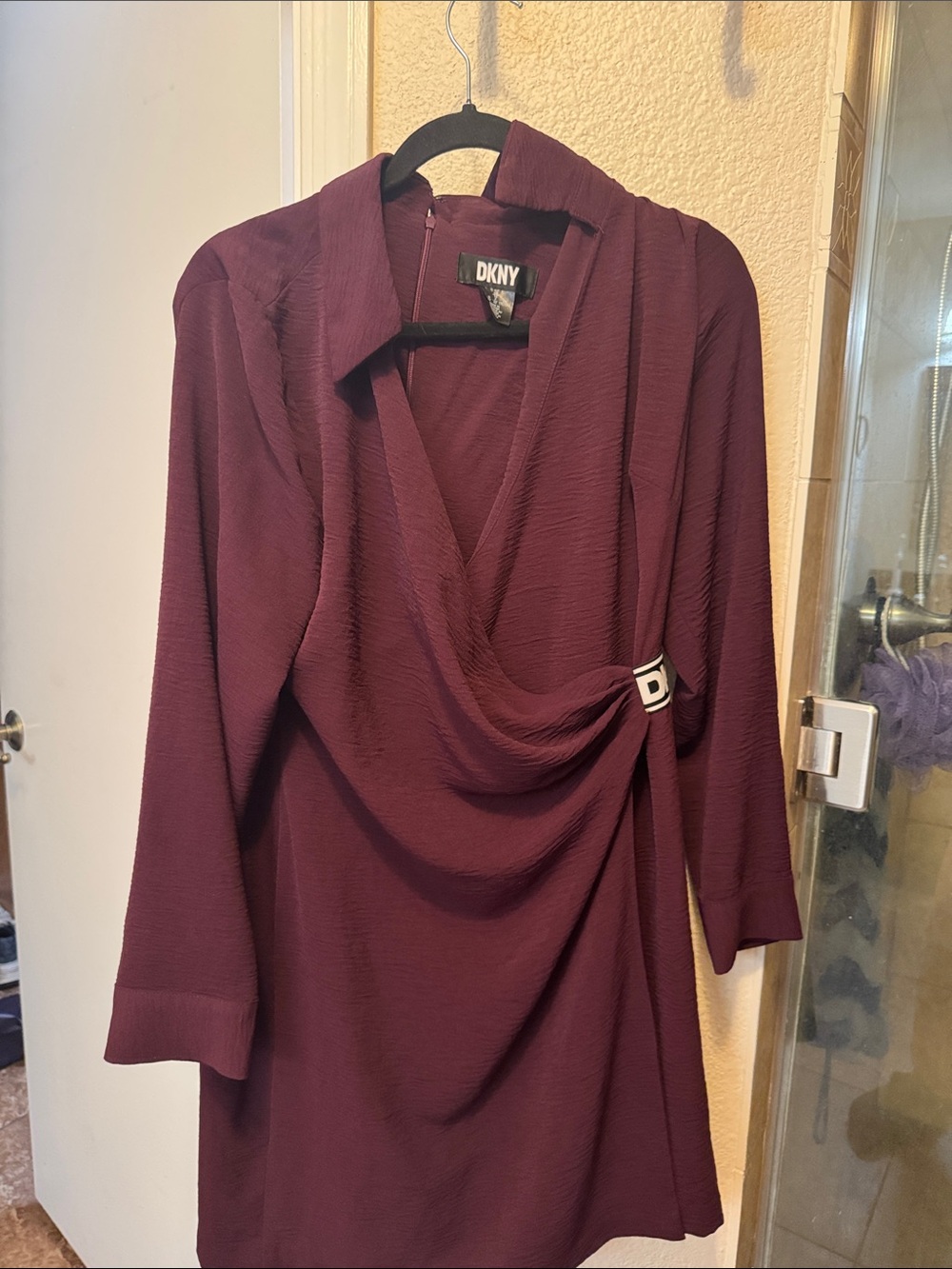 DKNY Burgundy Wrap-Style Dress with Logo Waistband